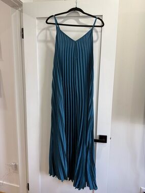 Pleated V-Neck Maxi Slip Dress in Teal